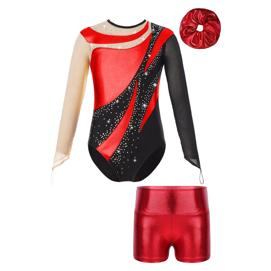 Girls Mesh Long Sleeve Keyhole Back Shiny Leotard Metallic High Waist Dance Shorts Hair Band Gymnastic Performance Outfit