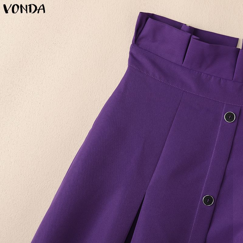 VONDA Women Zip-up Ruffled High Waist Casual Thin A-line Maxi Pleated Skirts