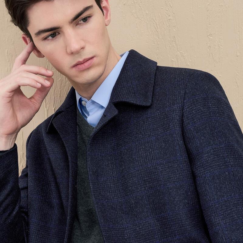 EMZ Erdos Men's Plaid Wool Cashmere Lapel Coat