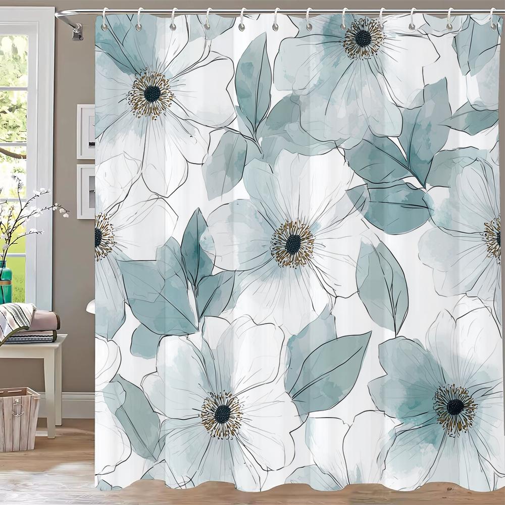 Black And White Flowers Printed Shower Curtain Partition Privacy Hanging Floral Bathroom Curtain With Hooks Decoration Curtain