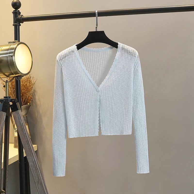 

Ice Silk Thin Jacket Suspender Skirt Knitted Cardigan Blue -1 button M