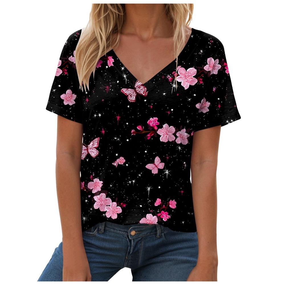 Women's flower butterfly print short sleeved V-neck T-shirt