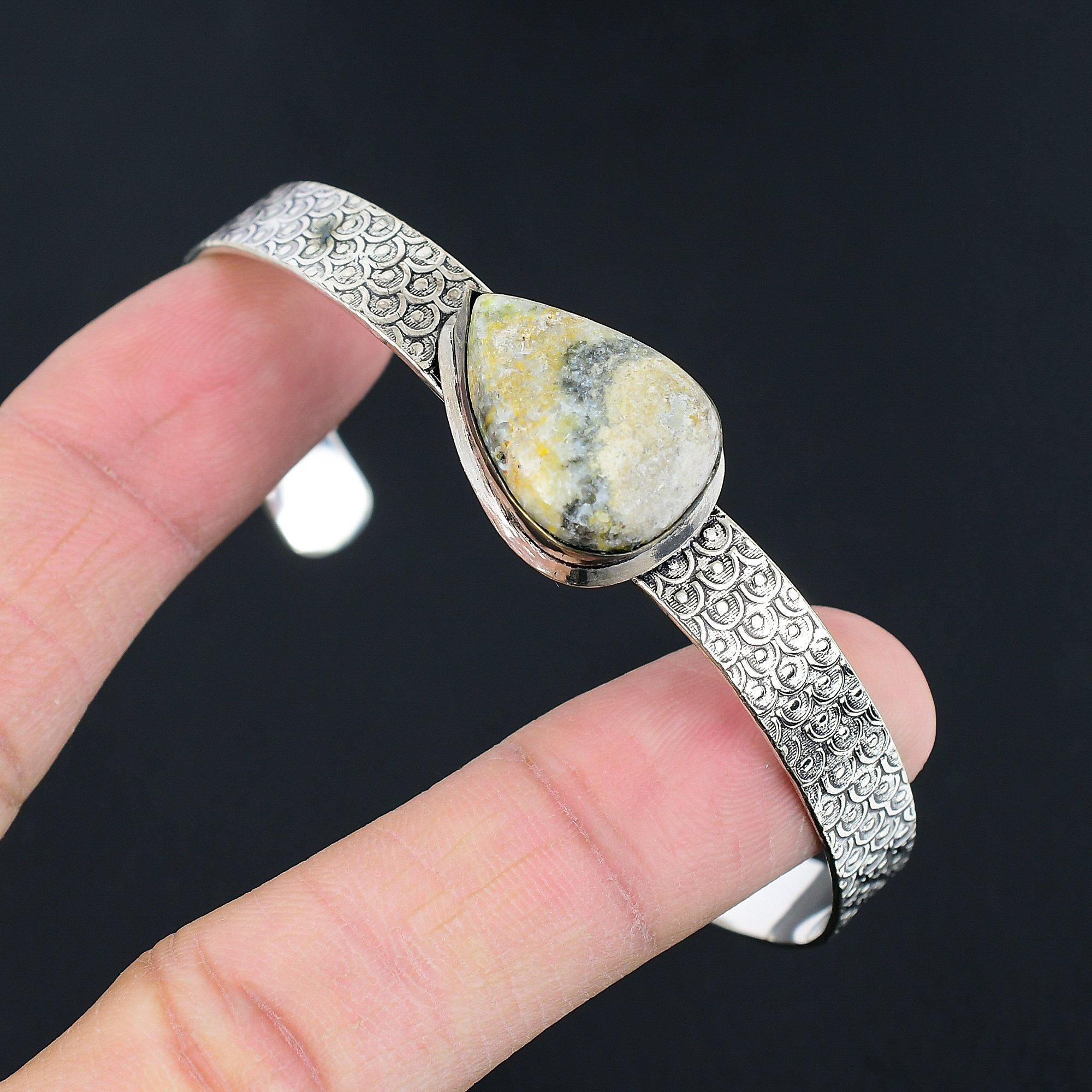 

Womens day Deal 925 Silver Natural Bumble Bee Jasper Handcrafted Birthday Bangle Adjustable