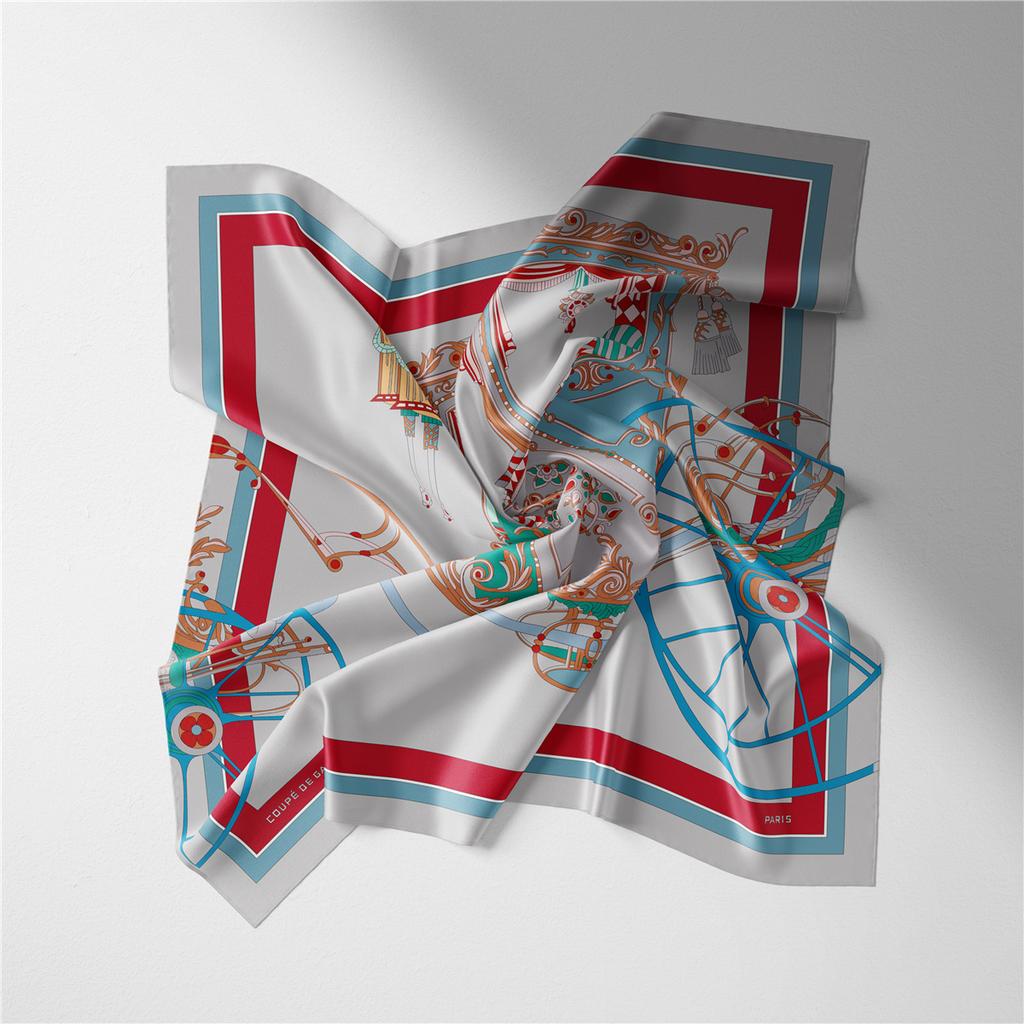 Twill Silk Scarf Woman Carriage Painting Square Scarves Wraps Bandana Small Hijab Silk Foulards Tie Headband Neckerchief 53CM