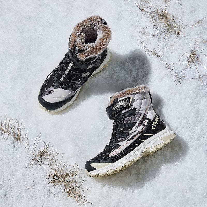 Anta Kids Synthetic Leather Mesh Thick Cotton Shoes Warm Wear-Resistant Non-Slip High-Top Boots Kids Boots Black Granule-Beige A12446926-2