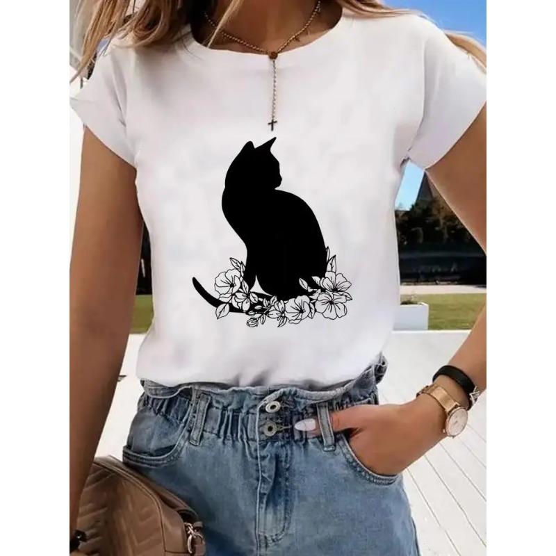 Short Sleeve Print Clothes Women Spring Summer Female Tee Fashion Cat Love Sweet Valentine Shirt Lady Graphic T-shirt