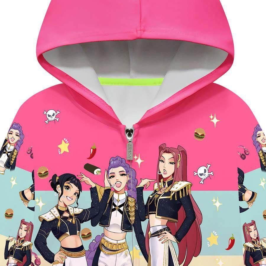 Kids Girls POP Singer Rumi Zoey Mira Printed Casual Hooded Zipper Long Sleeves Jacket Coat