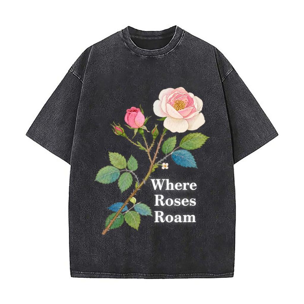 Where Roses Roam Thorny Rose Botanical Illustration Vintage Distressed Loose Streetwear Tops