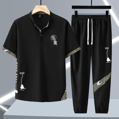 Men's Set Lightweight Breathable Short Sleeve Set Short Sleeve + Sweatpants 2 Piece Loose Set