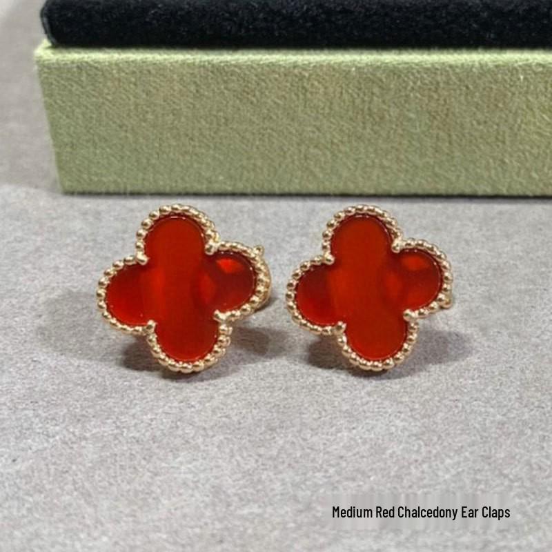 High-Version 18K Rose Gold Earrings: Four-Leaf Clover with White Mother-of-Pearl & Red Agate - Fashionable, Luxurious, INS Style.