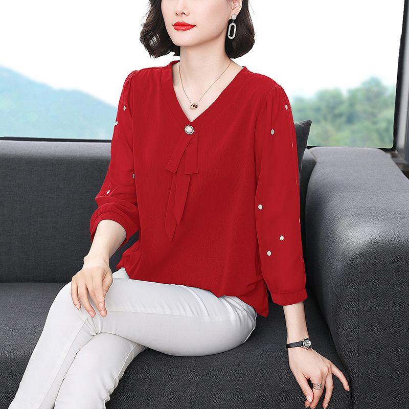 Summer Middle-aged Fashionable Temperament V-neck Ribbon Embroidered Seven Quarter Sleeve Chiffon Shirt Top for Women