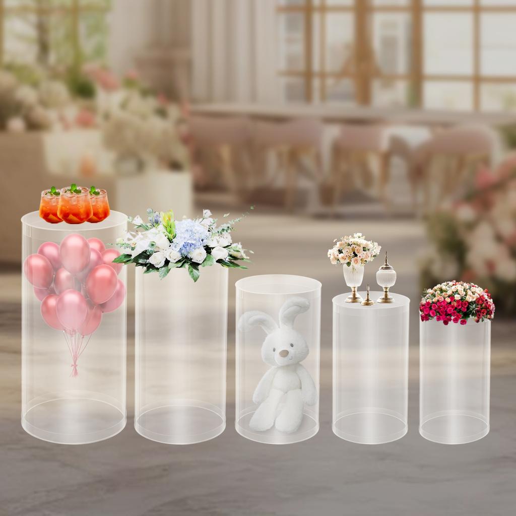 5 pcs Clear Acrylic Pedestal Display Stands Set Clear Cylinder Pedestal Stands Large Cylinder Plinths for Event Decoration
