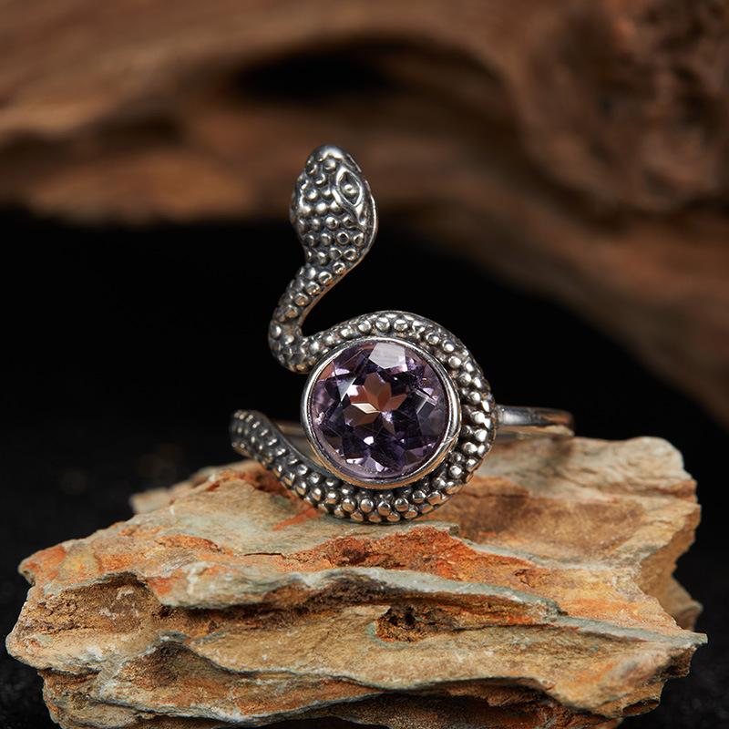 S925 Sterling Silver Natural Amethyst Topa Cat Eye Colored Treasure Thai Silver Ring Snake Hipster Personality Exaggerated Open Ring