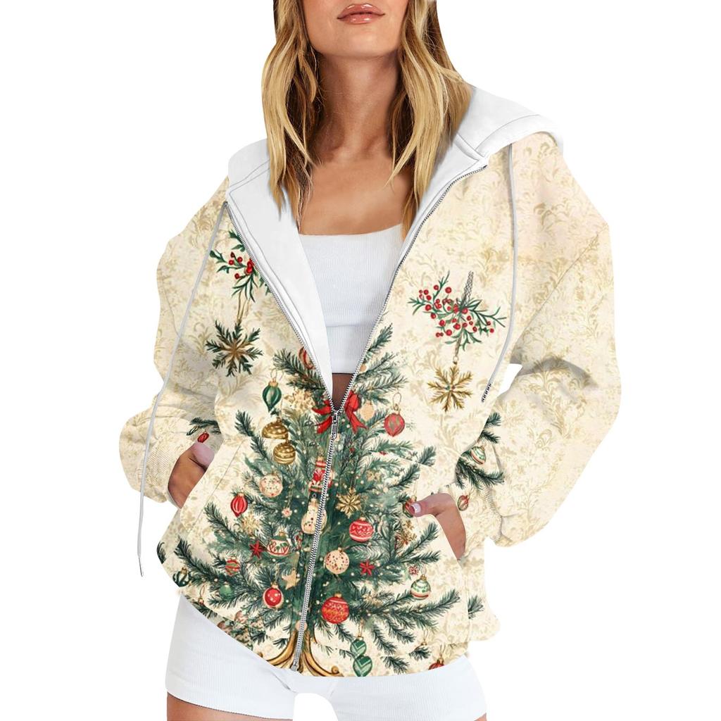 Damenmode Casual Weihnachtsdruck Sweatshirt Herbst Winter Langarm Cardigan Jacke Mit Tasche Reißverschluss Hoodie Jacke