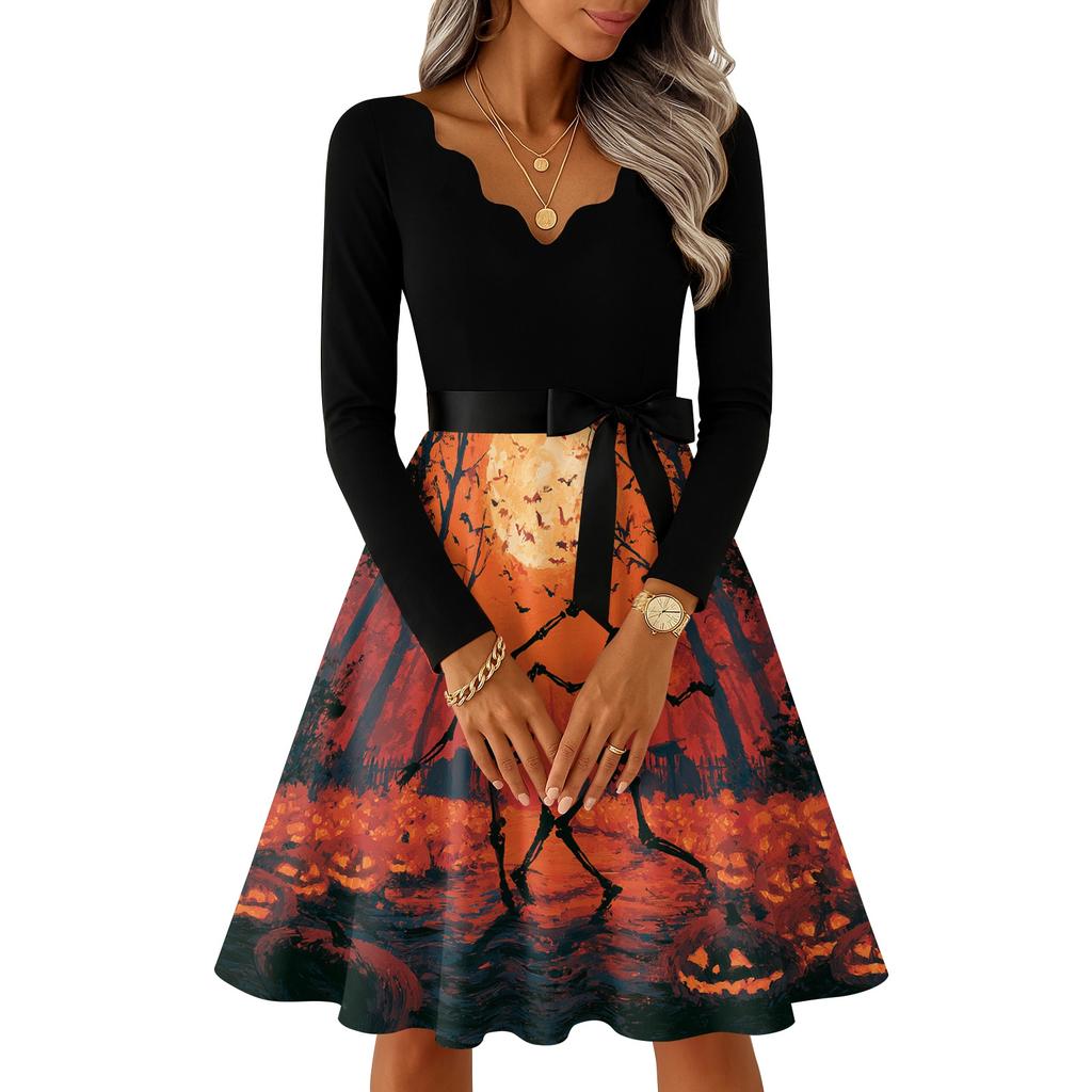 Women's Retro Halloween Print V-Neck Long Sleeve Dress for Casual Everyday Wear