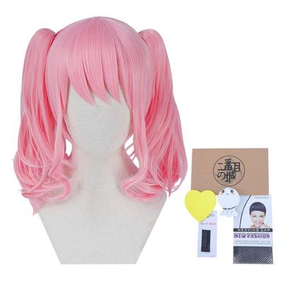 Hitzebeständige Cosplay-Perücke, "Second Castle," Pink, Kurzes Haar mit Zwillingszopf und Dutt, Perfekt für Partys und Kostüme, + 4 Bonusartikel