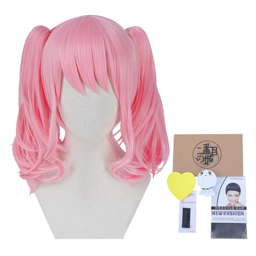 Heat-Resistant Cosplay Wig, "Second Castle," Pink, Short Hair with Twin Tail and Bun, Perfect for Parties and Costumes, + 4 Bonus Items