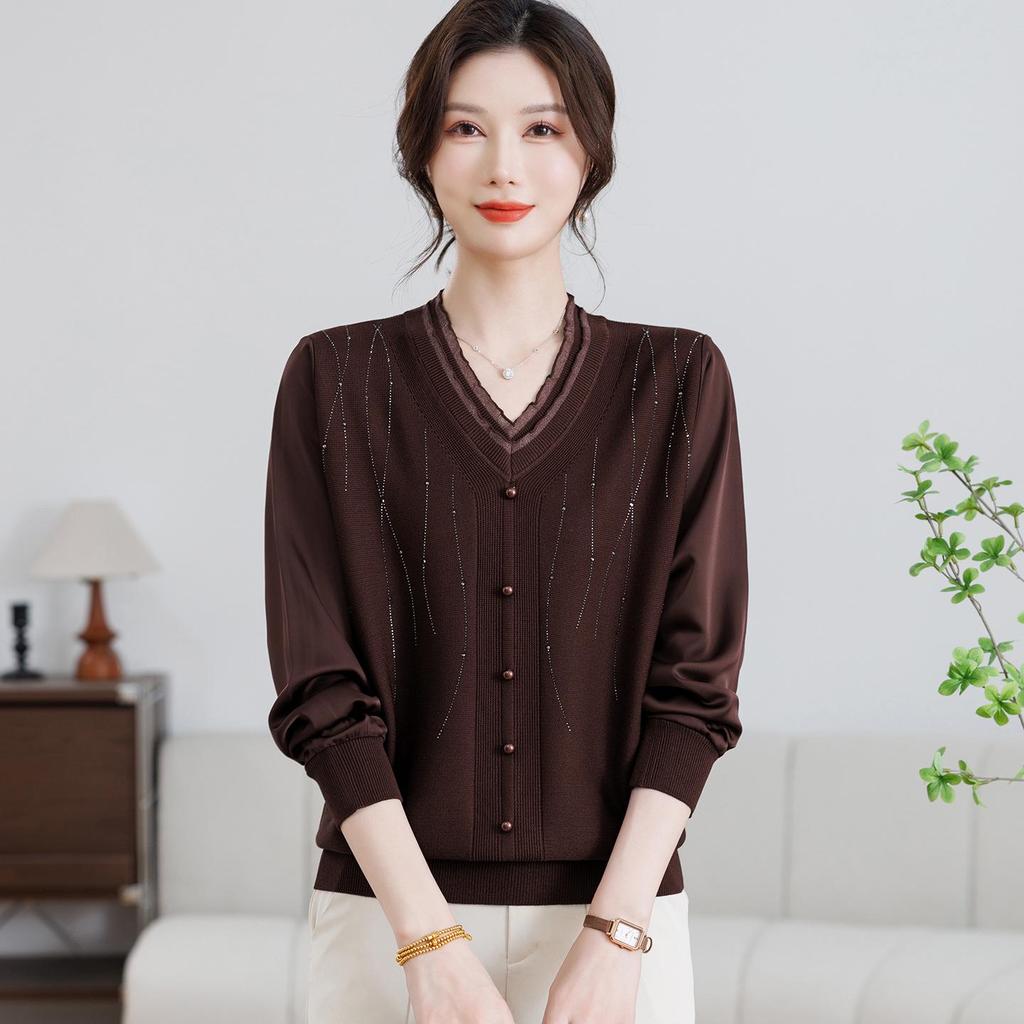 Mom's Spring Knit Top with Gauze Sleeves – Stylish, Age-Reducing Sweater for Middle-Aged and Elderly Women
