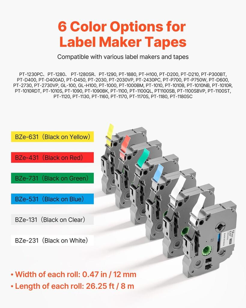 Label Maker Tape, 6 Pack, 0.47 In / 12 Mm Colored Label Maker Refills Compatible for Various Types of Brother P-Touch, Replacement for Letra Tag