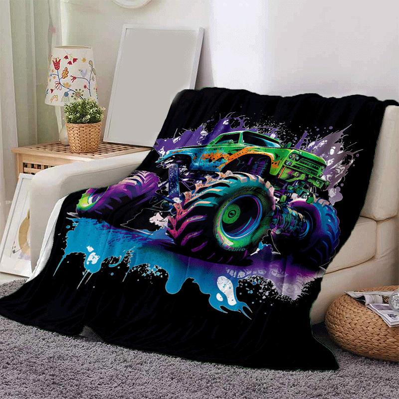 1pc Monster Truck Printing Lightweight Flannel Blanket, Comfortable and Warm Blanket,  Sofa Bed and Couch Office, Suitable for Gift Blankets