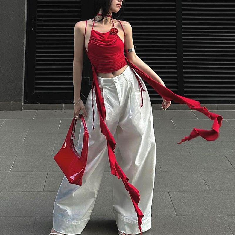 

Сексуальный уличный сексуальный топ-майка на бретелях с открытой спиной и лентами, женский летний нишевый дизайн, укороченный топ, короткие топы с цветами Red S