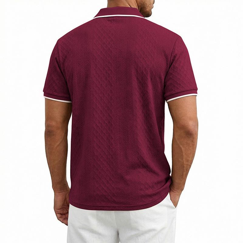 Men's Heavyweight Vintage Loose Jacquard Zip Short Sleeve Polo Shirt.