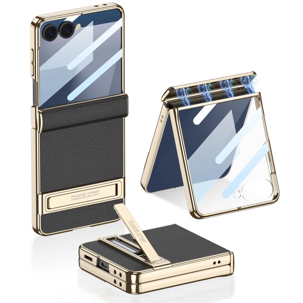 Samsung Galaxy Z Flip7 Flip 7 Holder Shell Protective Cover Film Screen Plating Leather Magnetic Hinge Bracket Phone Case
