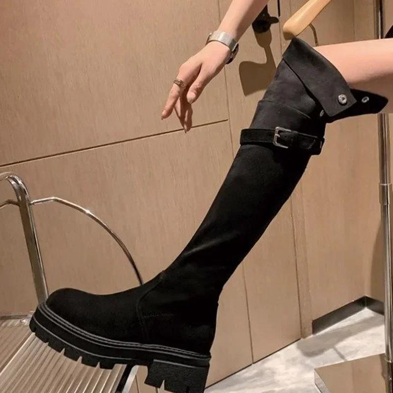 Women Mid Heels Over The Knee Suede Chelsea Boots New Platform Designer Luxury Shoes Goth Brand Walking Gladiator