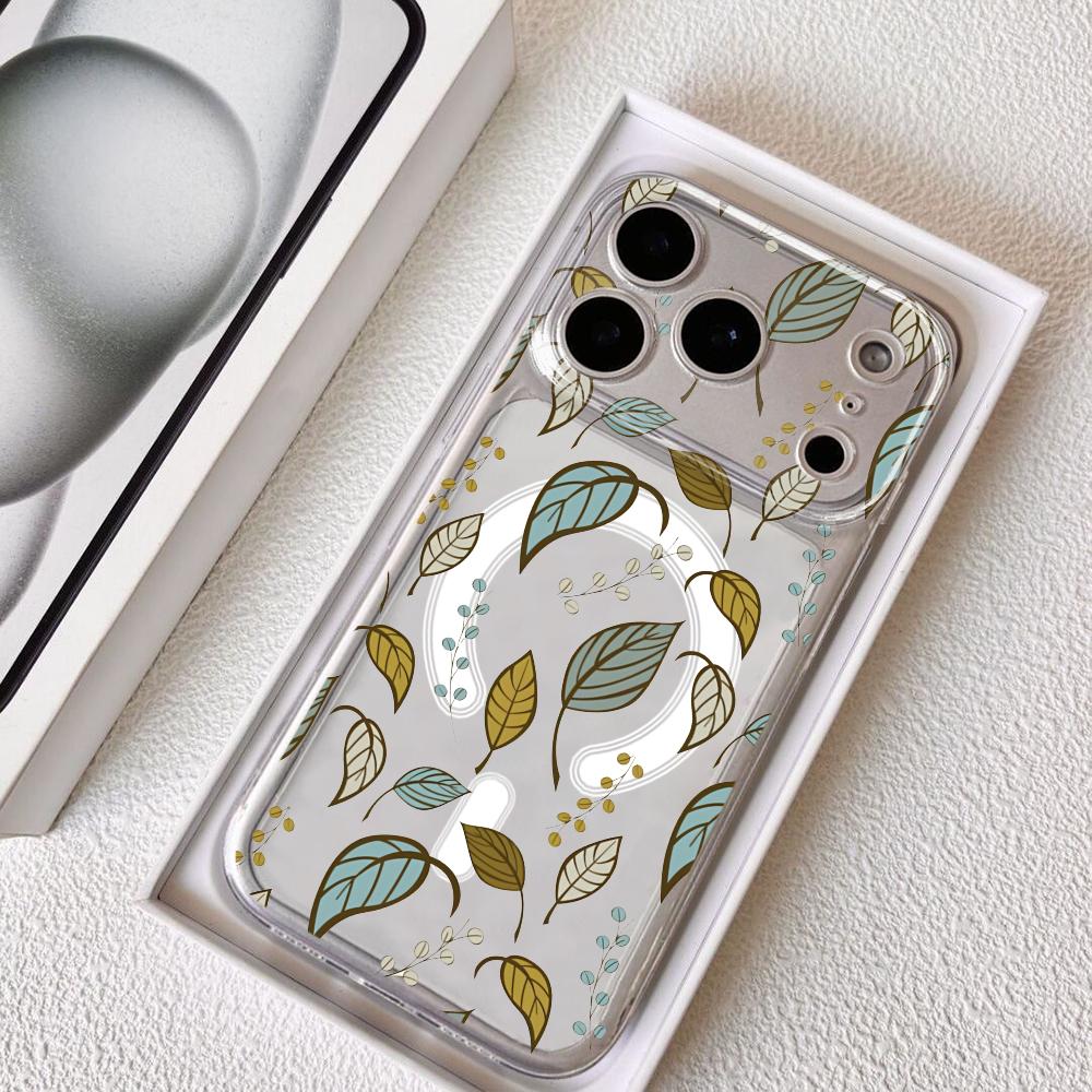 Luxury Leafs Phone Case For iPhone 17 16 15 14 13 12 Pro Max Plus With Magnetic Crystal Clear Case Wireless Charge