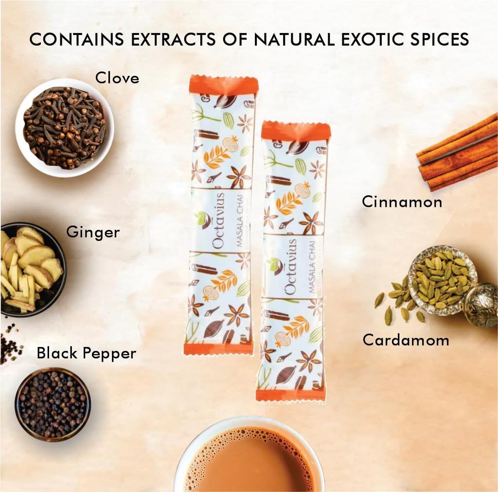 Octavius | Indian Masala (No Added Sugar) Premix Tea - 15 Pouches | Low Sugar | Readymade Tea Mix | Ready Tea | Premix Tea Powder | Instant Tea | T