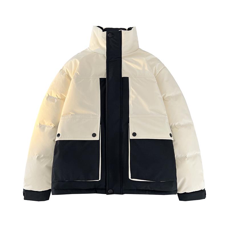 Men's Hooded Down Jacket, New Winter 2025 Color Block, Warm Thickened Workwear with Stand Collar