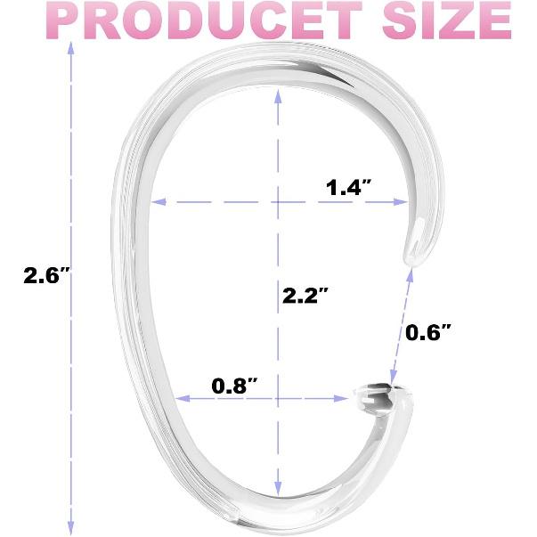 C-Shape Clear Shower Curtain Hooks for Shower Curtain, 12PCS Plastic Smooth Sliding Anti-Drop Shower Curtain Rings, Rust Resistant Decorative Shower