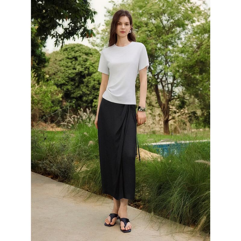 ELLE 100% Acetate Irregular Tie-Strap Straight Midi Skirt