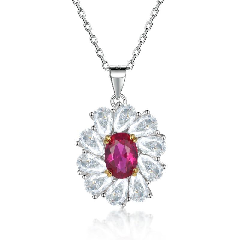 High-end Red Zircon Flower Pendant, Ruby Necklace, Women's High-end 925 Sterling Silver Collarbone Chain.