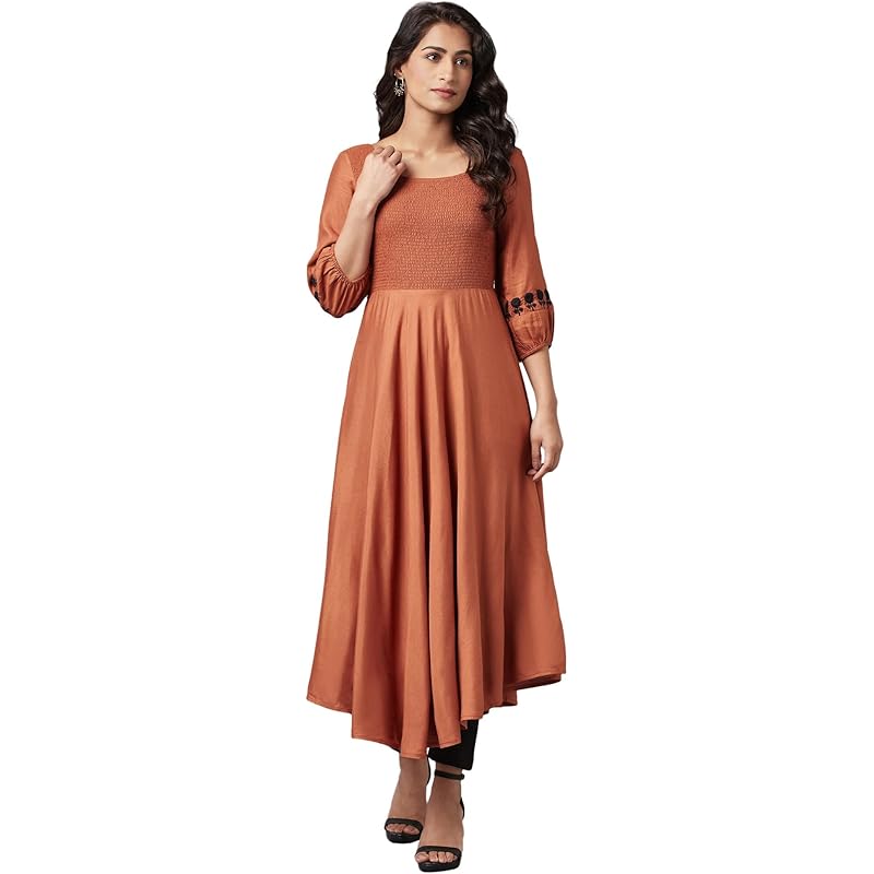 W Brown Rayon Blend Embroidered A-Line Kurta for Women