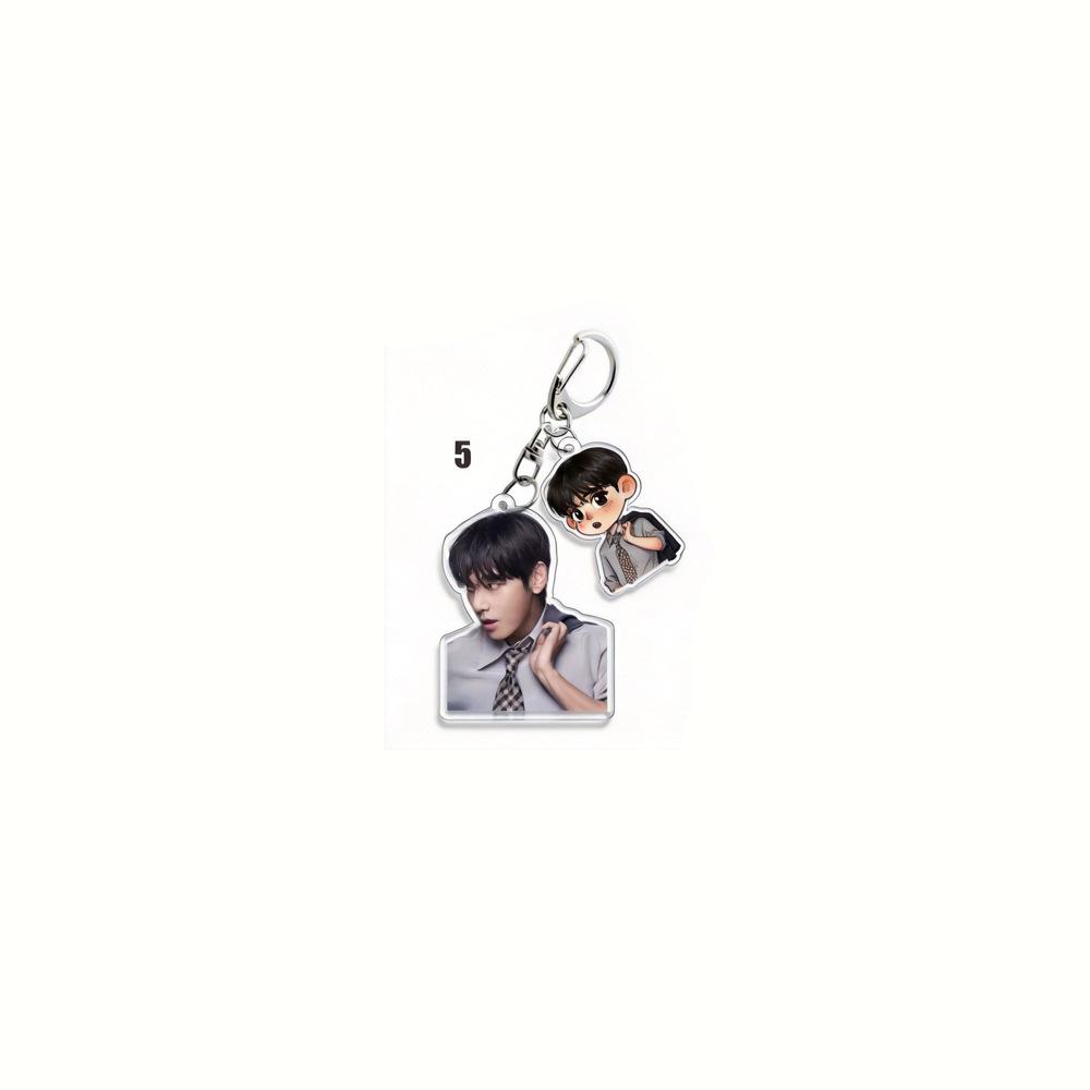 BTS Double Charm Keychain, Real Photo & Cartoon Suit Figure Keyring, Kpop ARMY Fans Bag Charm