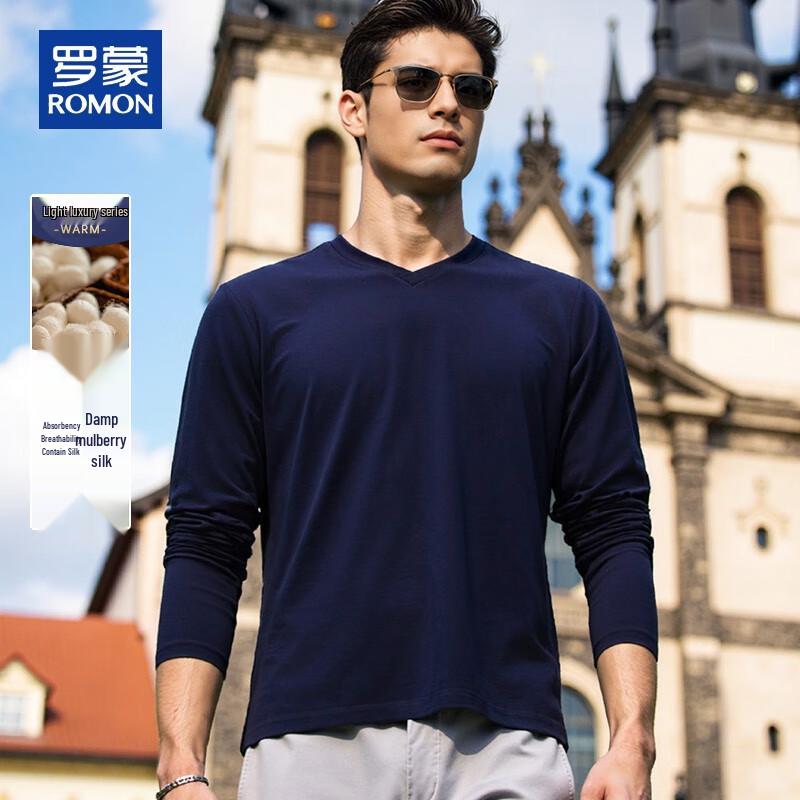 ROMON Herren V-Ausschnitt Langarm Seidenmischung T-Shirt