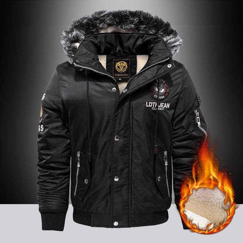 2025 New Men's Hooded Aviator Jacket, Raw Edge Collar, Thick Sherpa Lining, Winter Warm Windbreaker, Outdoor Leisure
