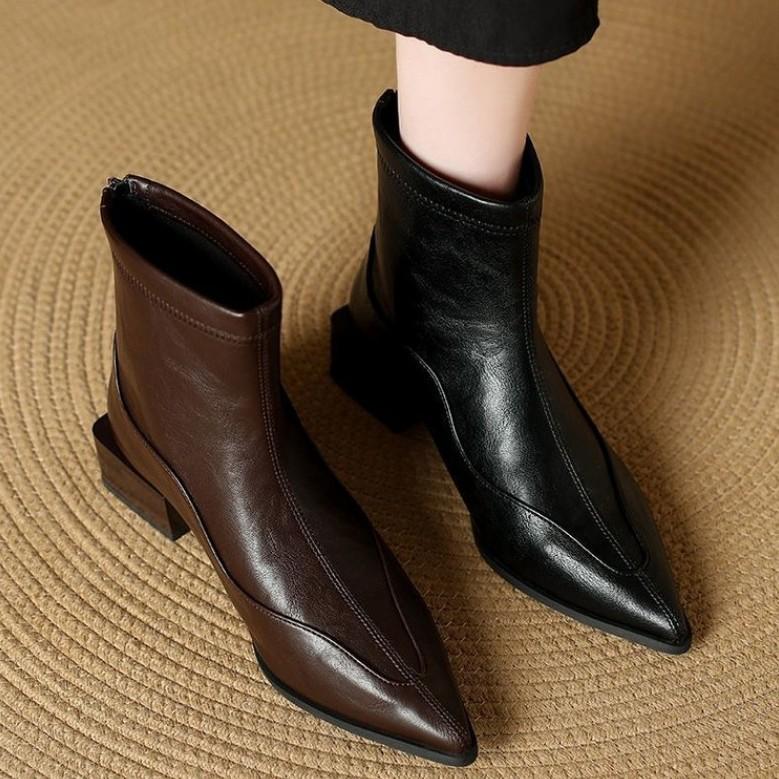 French pointed elastic thin boots women's autumn and winter new thick heel short boots retro versatile brown Chelsea boots