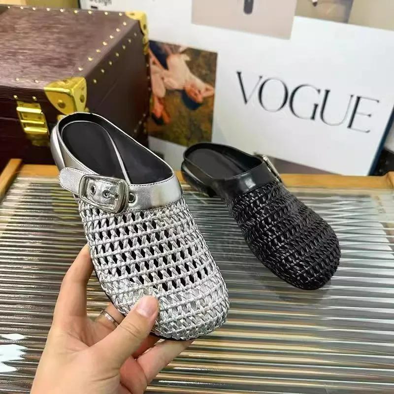 Fashion 2025 New Belt Buckle Elegant Women's Closed Toe Slide Sandals Summer Mesh Rhinestone Retro Chic Outdoor Slippers Zapatos Mujer