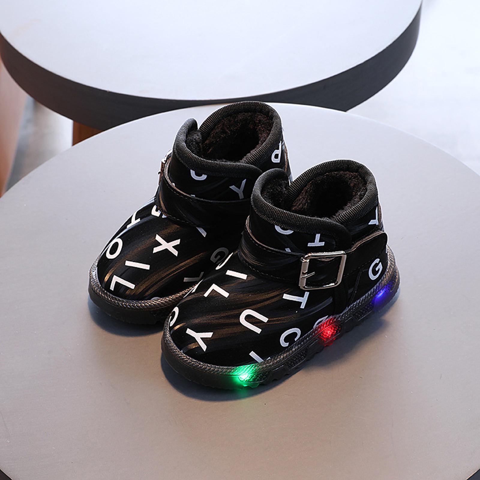 

Зимние флисовые ботинки для маленьких девочек, нескользящая обувь для детской кроватки с плоской тканевой подошвой, светодиодная подсветка 22 чёрный