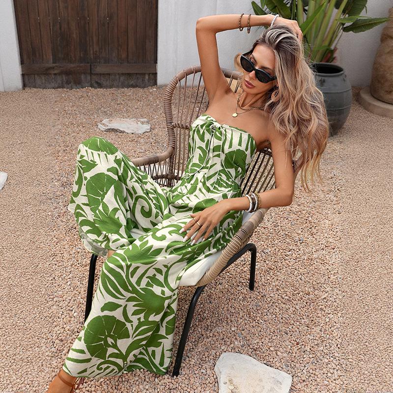Summer New Style Vacation Fresh Trend One-piece Long Pants with High Waist and Plunging Neckline, Featuring Green Leaf Printed Design.