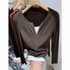 Zipper fake two-piece top women's spring contrasting color splicing card waist pleated long-sleeved T-shirt bottoming shirt tide