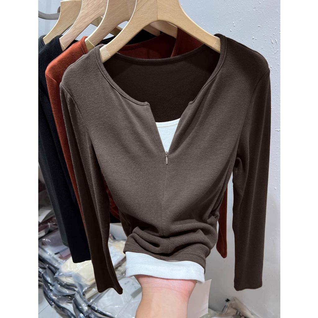 Zipper fake two-piece top women's spring contrasting color splicing card waist pleated long-sleeved T-shirt bottoming shirt tide