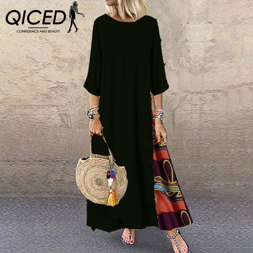 QICED 12 color Women Fashion Casual Loose Long Sleeve Floral Print Party Maxi Dress Plus Size Vestidos Longos Robe