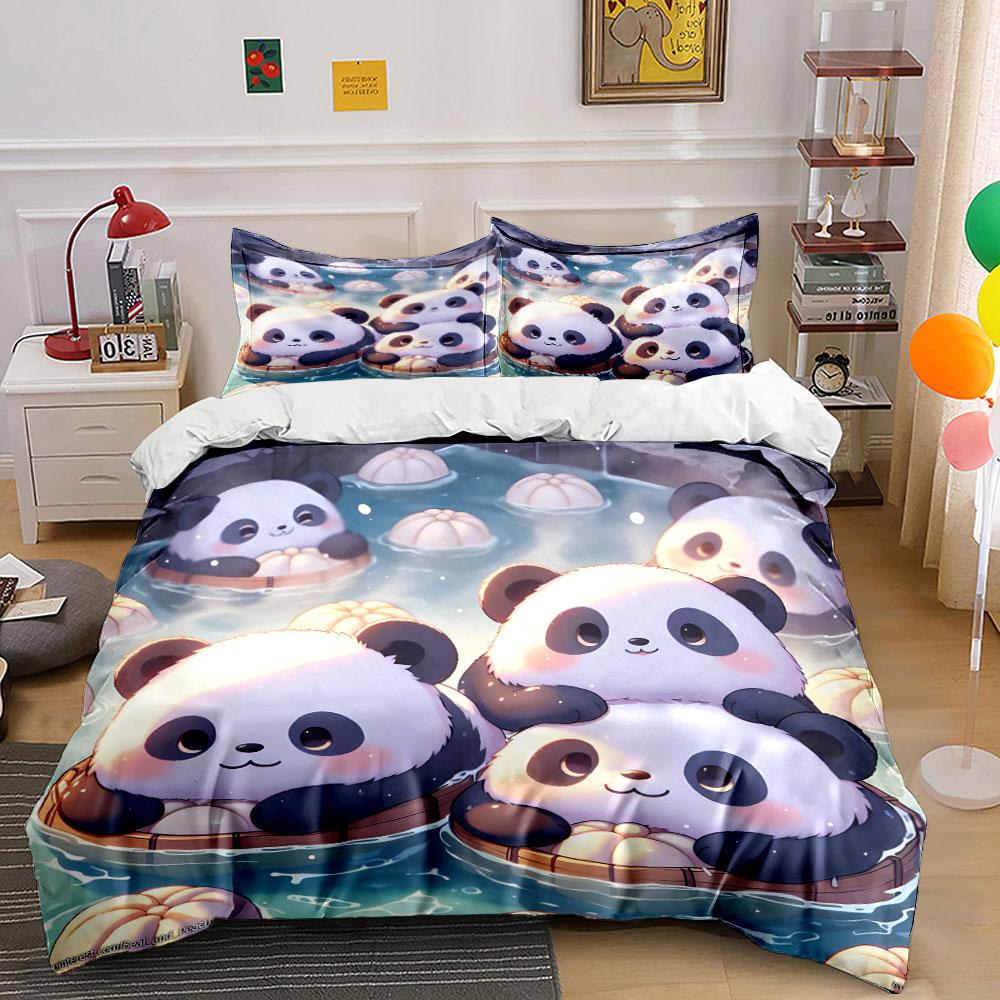 Cute Pandas Soaking In Hot Springs Duvet Cover Set With 3D Printing Design Soft Polyester Bedding Set All-Season Comfort