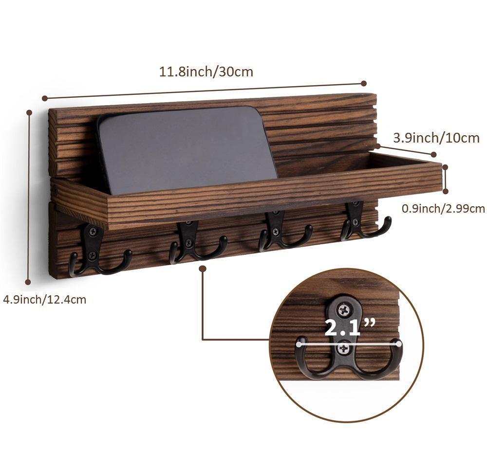 Llavero de Madera para Decoración de Entrada Organizador de Correo y Colgador de Llaves de Pared con 4 Ganchos Estante Rústico para Llaves Gafas de Sol