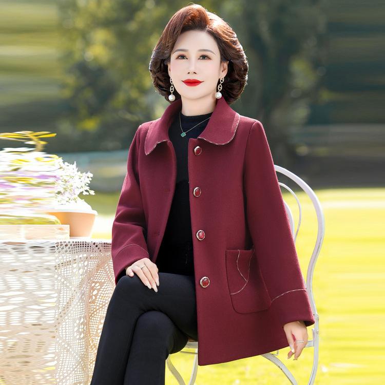 Mom's Autumn and Winter Clothes Fashionable Thickened Woolen Coat 50-year-old Middle-aged and Elderly Women's Temperament Lapel Cotton Woolen Coat
