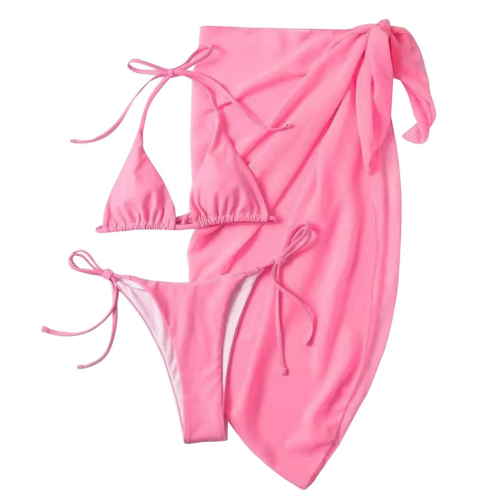 Women's Summer Fashion Sexy Solid Color Backless Lace-up  Waist  Veils Knot Hem Bikini  Three-pieces Swimsuit