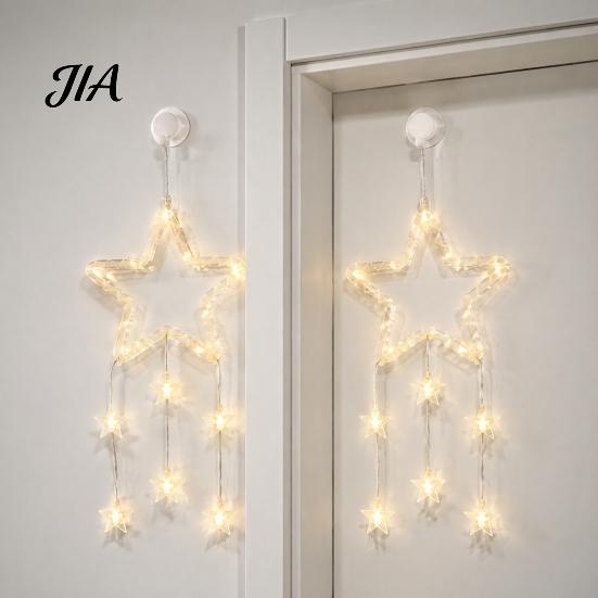 New Year Festive Atmosphere Light LED Christmas Window Star Decoration, Battery Operated Hanging Warm Indoor Outdoor Decorations Lighted Shaped